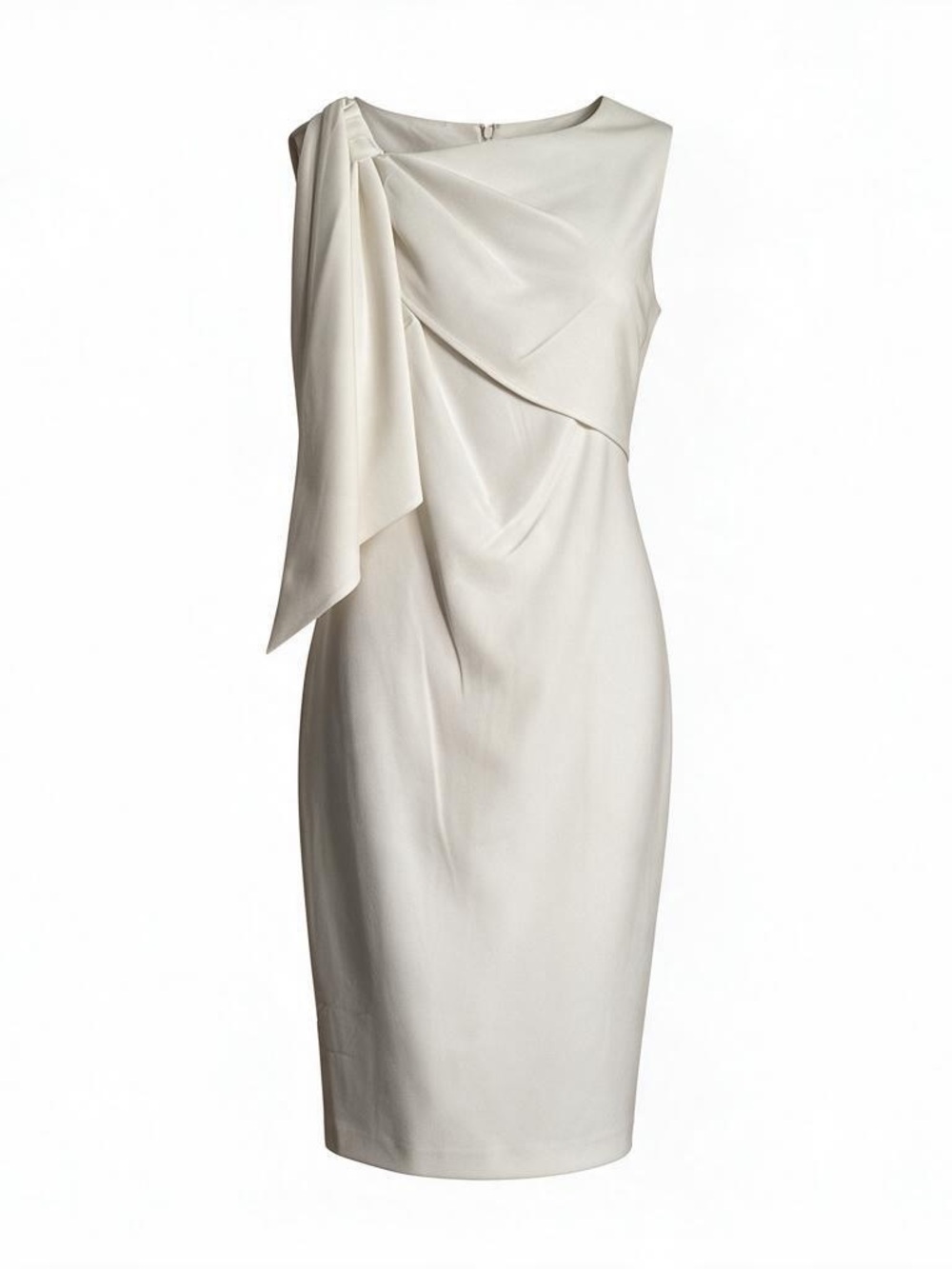 Calvin Klein One-Shoulder Ivory Sheath Dress with Draped Accent